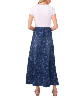 Women's Smocked Waist Seamed Maxi Denim Skirt