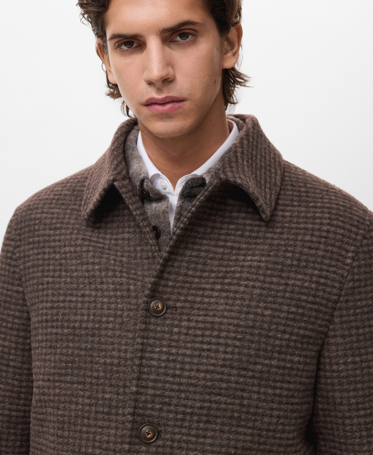 Mango Microcheck Long Coat In Brown