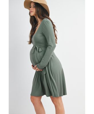 Maternity Scoop Neck Long Sleeve Tie Waist Dress