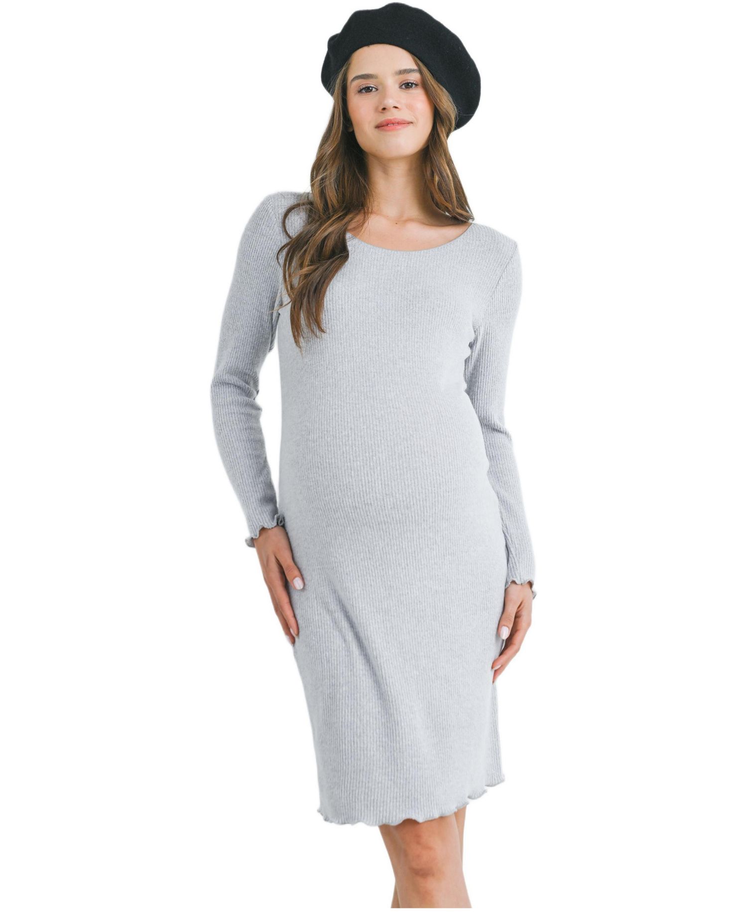 Women's Long Sleeve Ribbed Knit Sweater Dress with Lettuce Hem