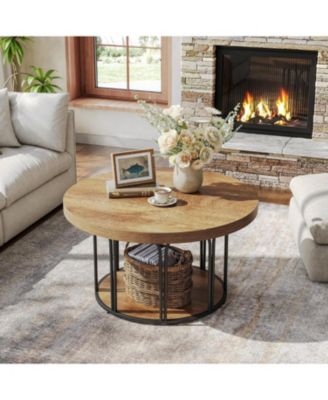 35.5-Inch Rustic Wood 2-Tier Round Coffee Table with Open Storage