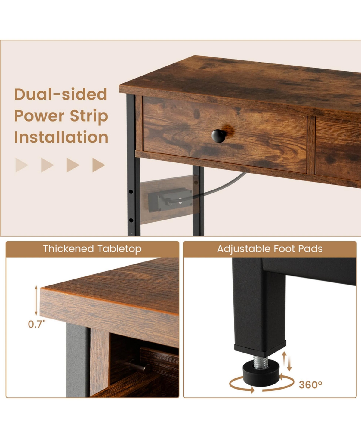 Costway Entryway Table with Charging Station Narrow Console 2 Drawers