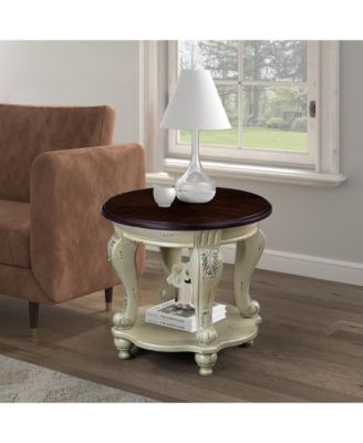 Solid Wood Round End Table with Shelf Sofa Side Table