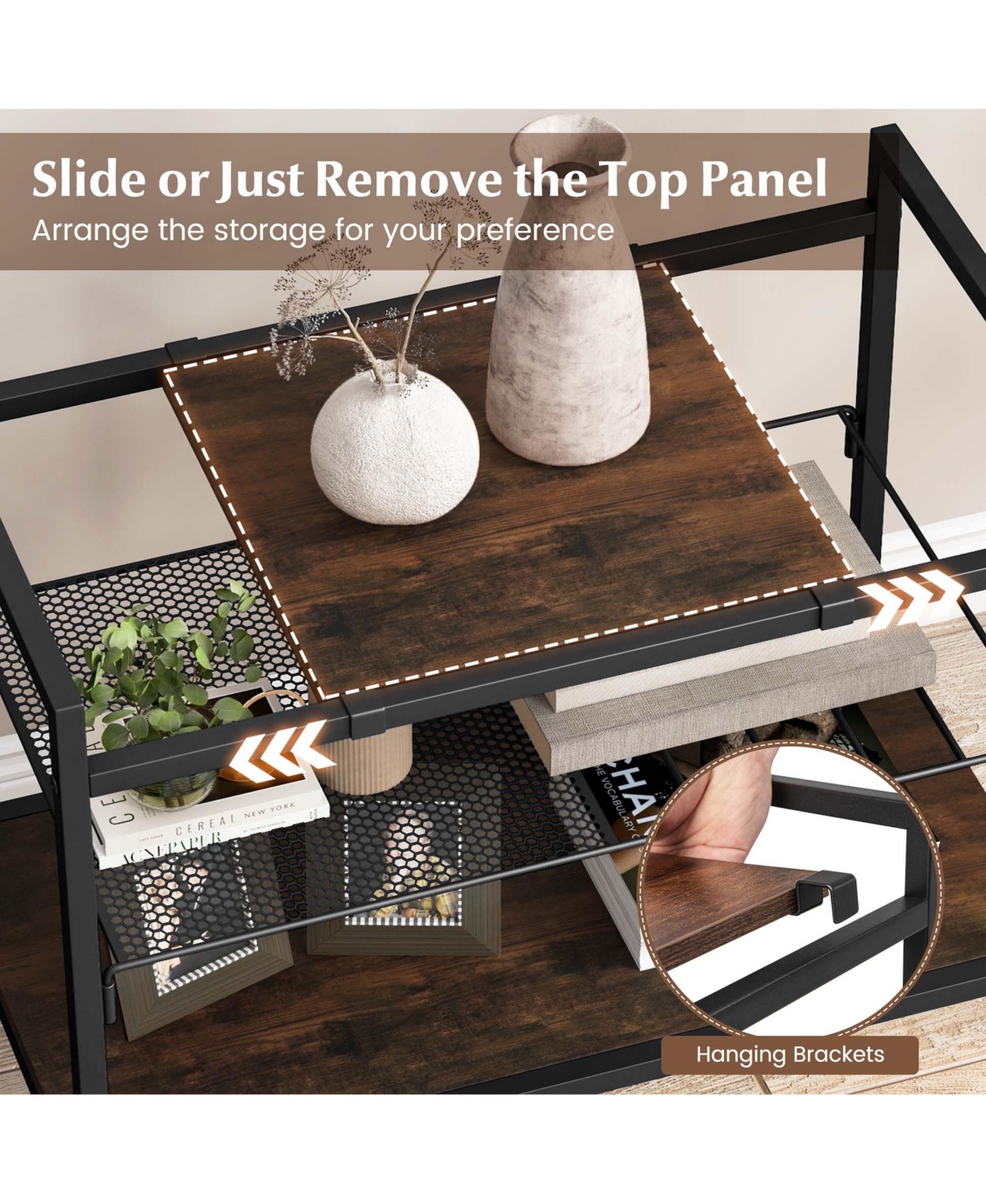 Industrial Entryway Table 3-Tier Sofa Side Table with Removable Panel & Mesh Shelf