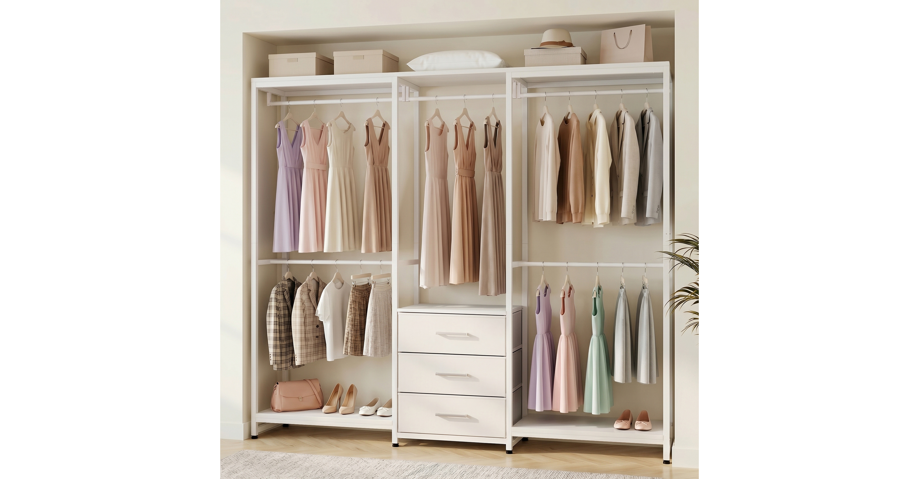 Aheaplus Heavy Duty Closet Rack with 5 Hanging Rods & 3 Fabric Drawers, Reversible Garment Rack with Shelves for Closet/Bedroom
