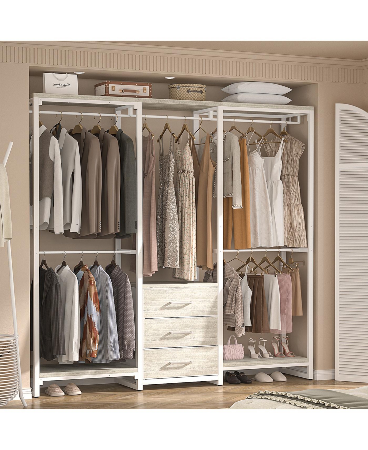 Aheaplus Heavy Duty Closet Rack with 5 Hanging Rods & 3 Fabric Drawers, Reversible Garment Shelves for Closet/Bedroom