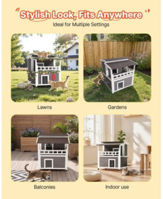 Insulated 2-Story Wooden Outdoor Cat House with Balcony, 33