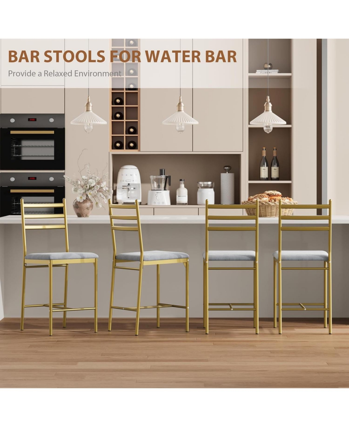 Gaomon Set of 4 Upholstered Counter-Height Bar Stools with Backrest, Thick Cushion & Footrest, 26" Height, Gold Finish