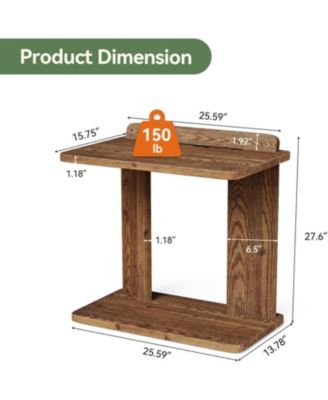 Solid Wood C-Shaped End Table, Farmhouse Wooden Side Table with Book Groove & Holder, 2-Tier Bedside Nightstand