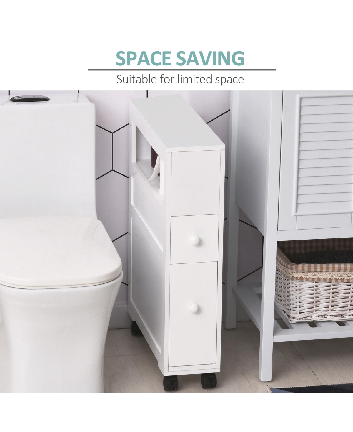 Wood Rolling Slim Narrow Bathroom Floor Side Storage Cabinet