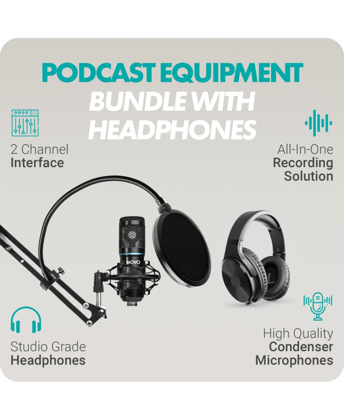 Movo PodKit2AH Podcast Equipment Bundle for 2 Condenser Microphone Kit with Usb Audio Interface for Computers