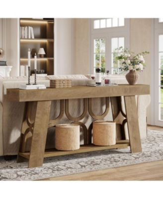 Narrow Farmhouse Console Table with 2-Tier Storage, 63" Long Sofa Entryway Table, Light Brown