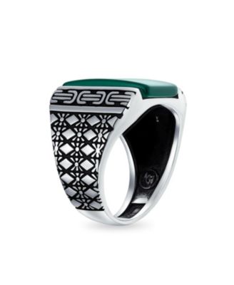 Cable Etching Band Natural Green Agate Rectangle Signet Ring Heavy .925 Sterling Silver