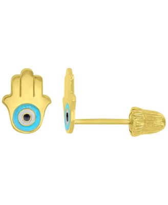14k Yellow Gold Enamel Hamsa Stud Earrings