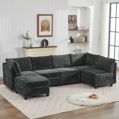 Corduroy Sectional Sofa with Ottoman & Storage