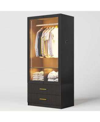 70.8" Modern Wardrobe Armoire with LED Glass Doors, Motion Sensor, 2 Drawers & Hanging Rod