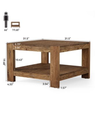 31.5" Square Solid Wood Coffee Table, 2-Tier Farmhouse Center Table for Living Room & Office, Rustic Brown
