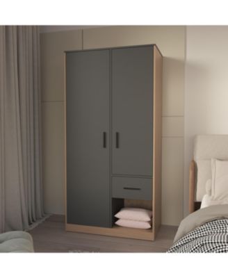 Lugoff Wardrobe with Two Doors and One Drawer, Matt Grey and Natural Oak