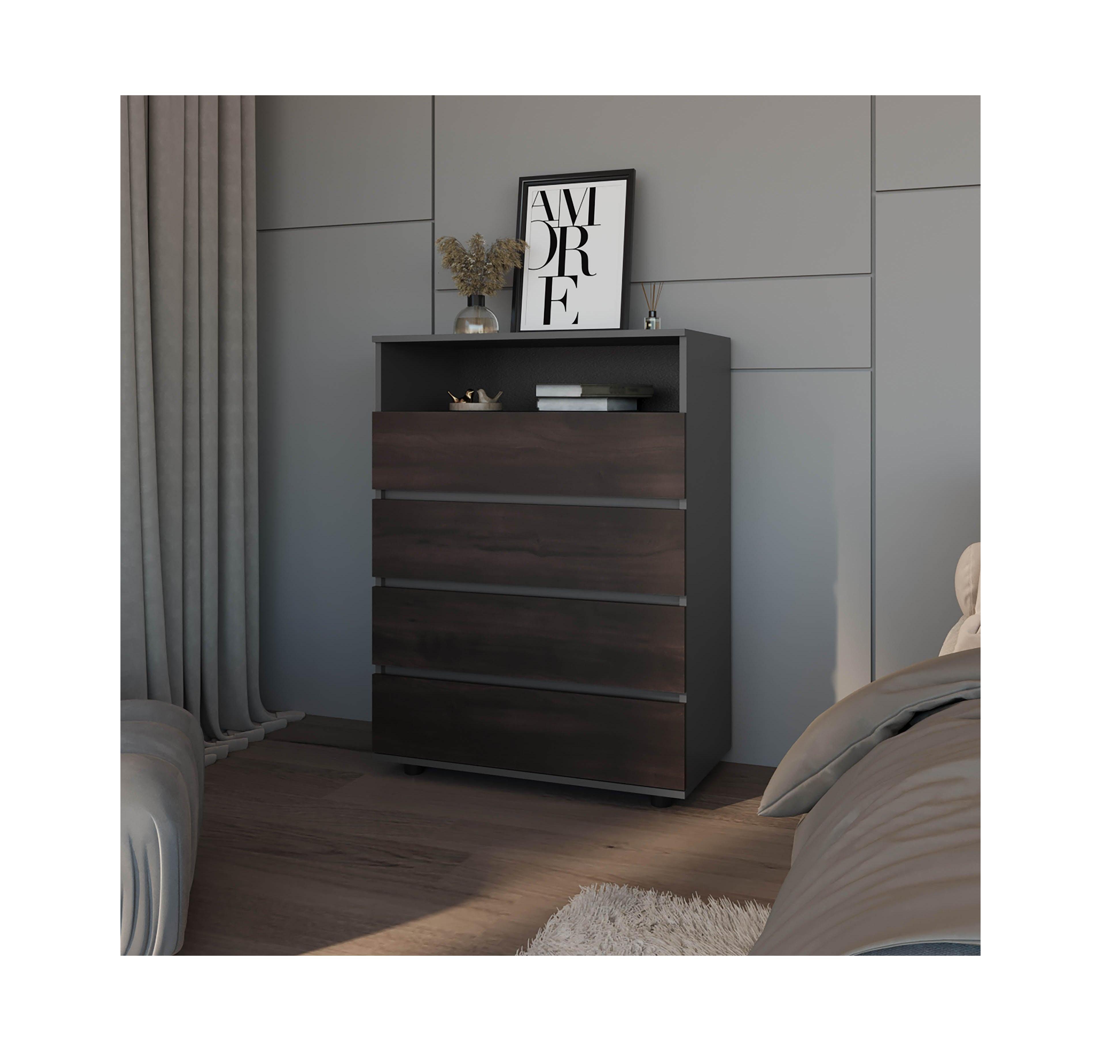 Fm Furniture Tokio 4 Drawer Dresser with Open Shelf, Stained Walnut
