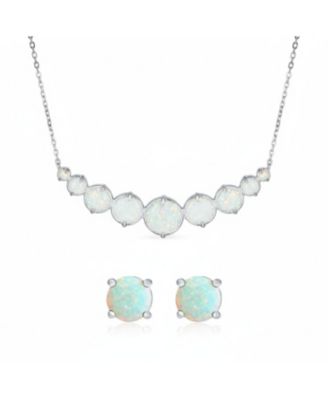 White Created Opal Statement Necklace and Solitaire Stud Earrings Jewelry Set Sterling Silver