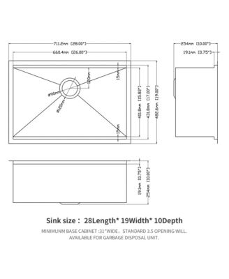 28x19x10inch Undermount Workstation Kitchen Sink Stainless Steel Single Bowl 16 Gauge