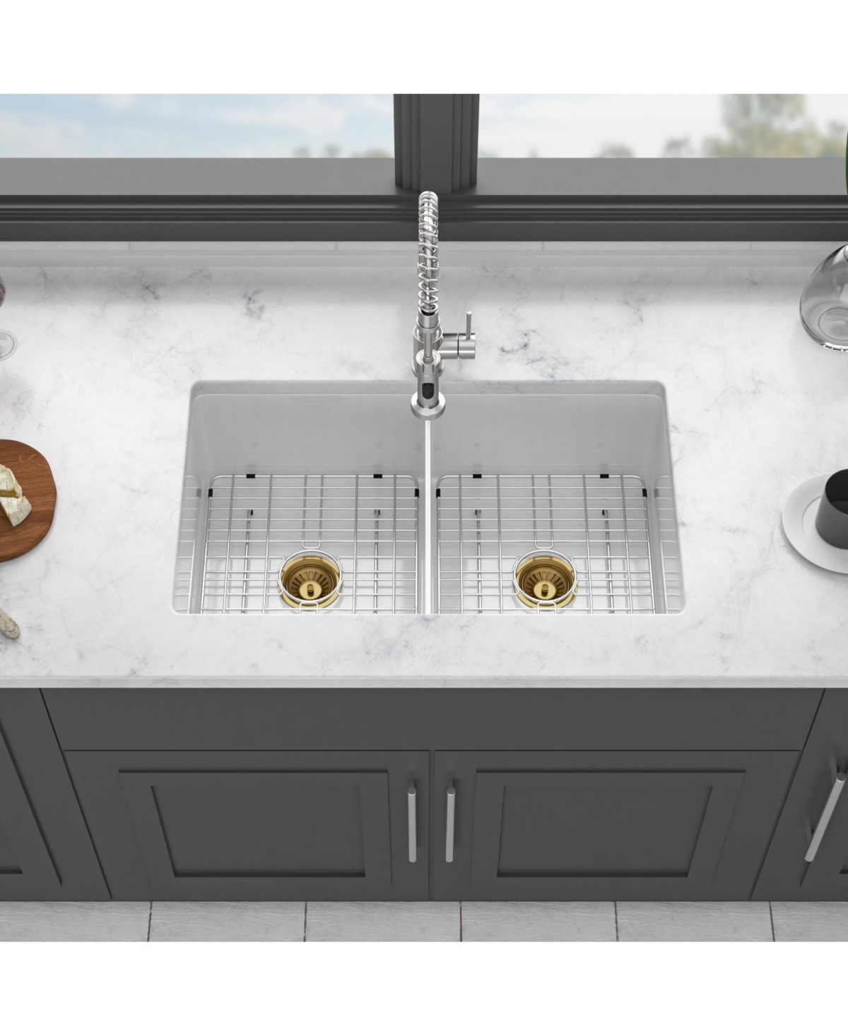 Flynama White Fireclay Farmhouse Kitchen Sink, Double Bowl, Undermount/Dual Mount, 32" x 19" x 10"