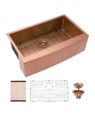 36" Rose Gold Farmhouse Apron Front Kitchen Sink, 16-Gauge T304 Stainless Steel with Dish Grid, Drain Assembly & Drying Rack