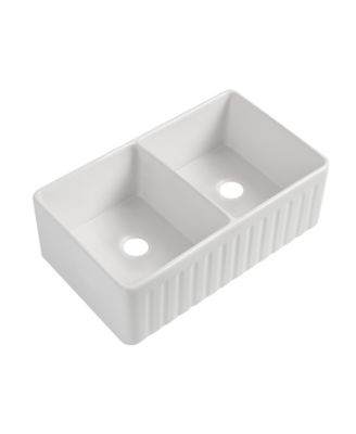 Fireclay Farmhouse Kitchen Sink, Double Basin, Apron Front, Reversible Design with Grid & Strainer, 33" x 20" x 10" Deep