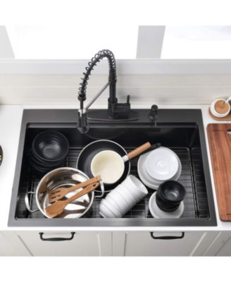 33x22inch Gunmetal Black Workstation Kitchen Sink Drop In Stainless Steel 16 Gauge