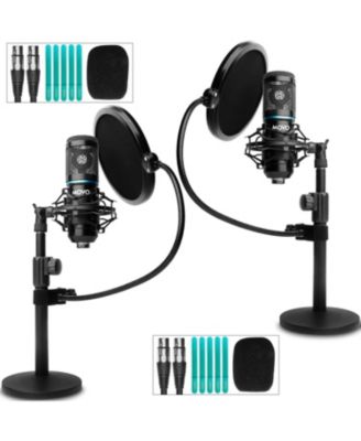 2-Pack Universal Cardioid Podcasting Microphone Bundle with Tabletop Mic Stand and Pop Filter for XLR Outputs