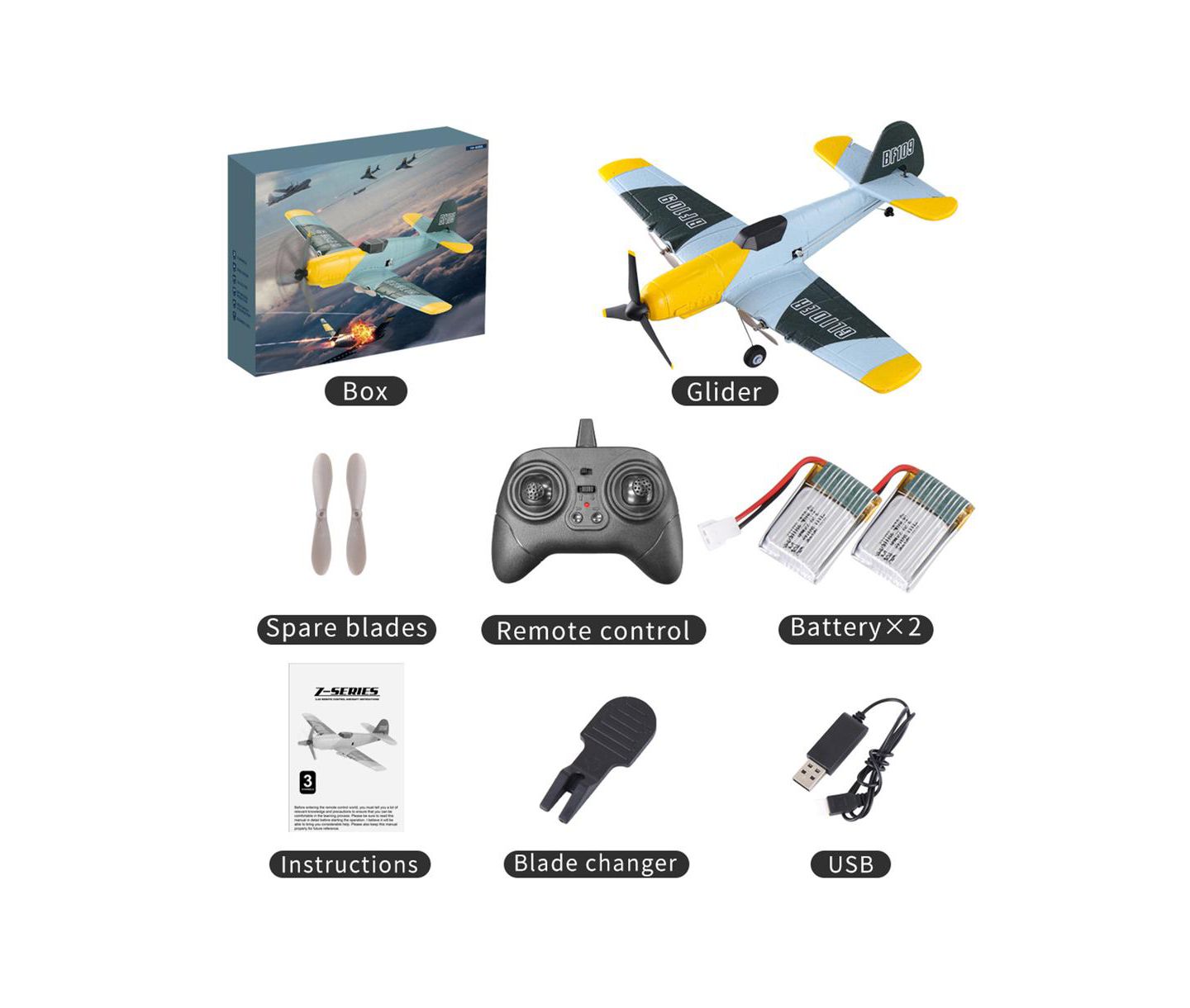 Детская игрушка Bruce & Shark Bf-109 6-Axis Gyro Stabilization Remote Control Plane with 2 Batteries, цвет: Жёлтый — фото 8