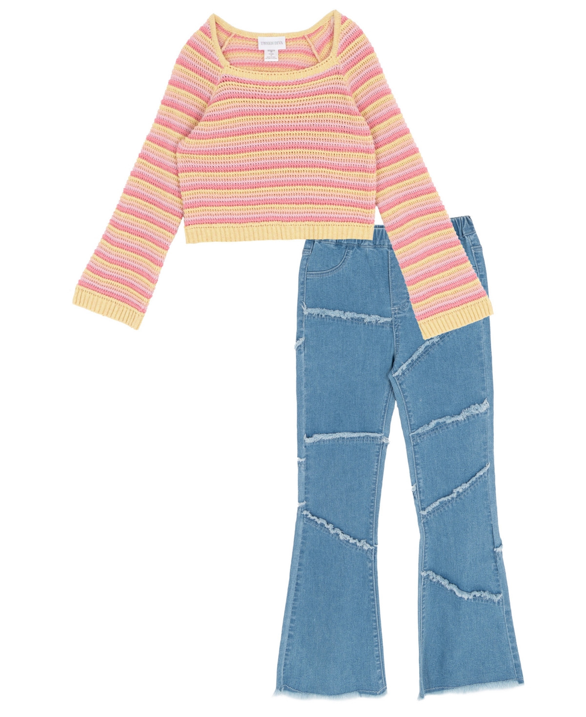 Rare Editions Girls' 7-12 Long-Sleeve Crochet Sweater and Flare Jeans, 2-Piece Set