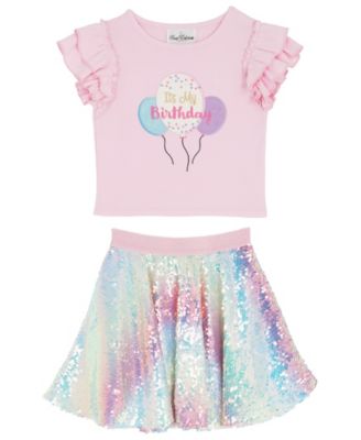 Girls' 2T-6X Short-Sleeve Birthday Top and Skirt, 2-Piece Set