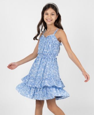 Girls' 7-16 Sleeveless Denim Vest and Dobby Tiered Dress, 2-Piece Set