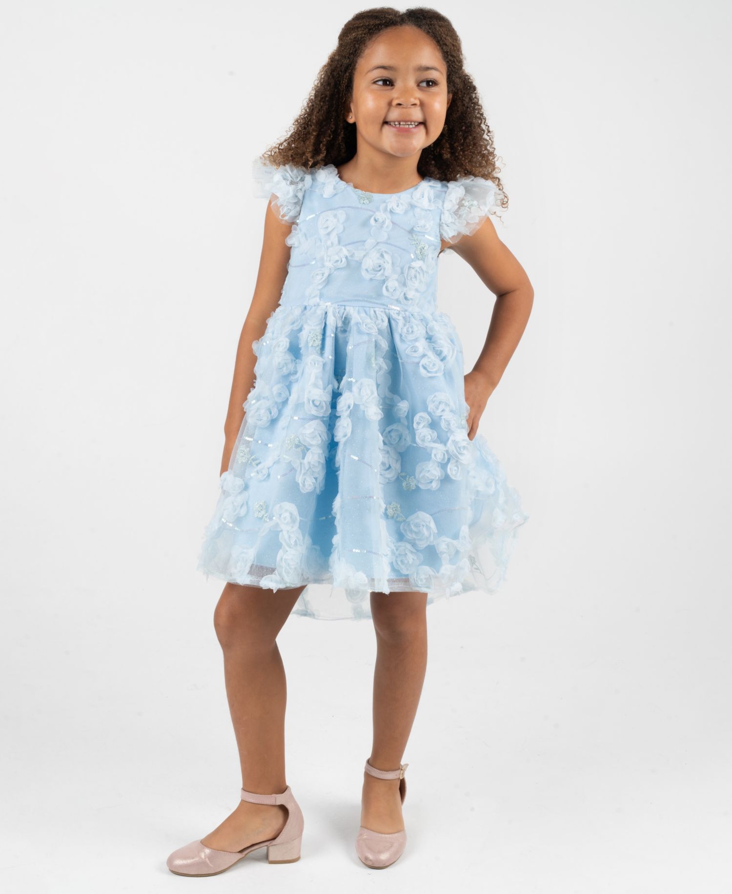 Girls' 2T-6X Rose Soutache Flutter-Sleeve Dress