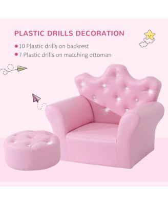 Kids Sofa Set Upholstered Children Sofa with Footstool Princess Sofa with Diamond Decorations for Toddlers Girls Pink
