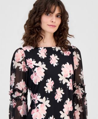 Women's 3/4 Sleeve Floral-Print Ruffle-Sleeve Top