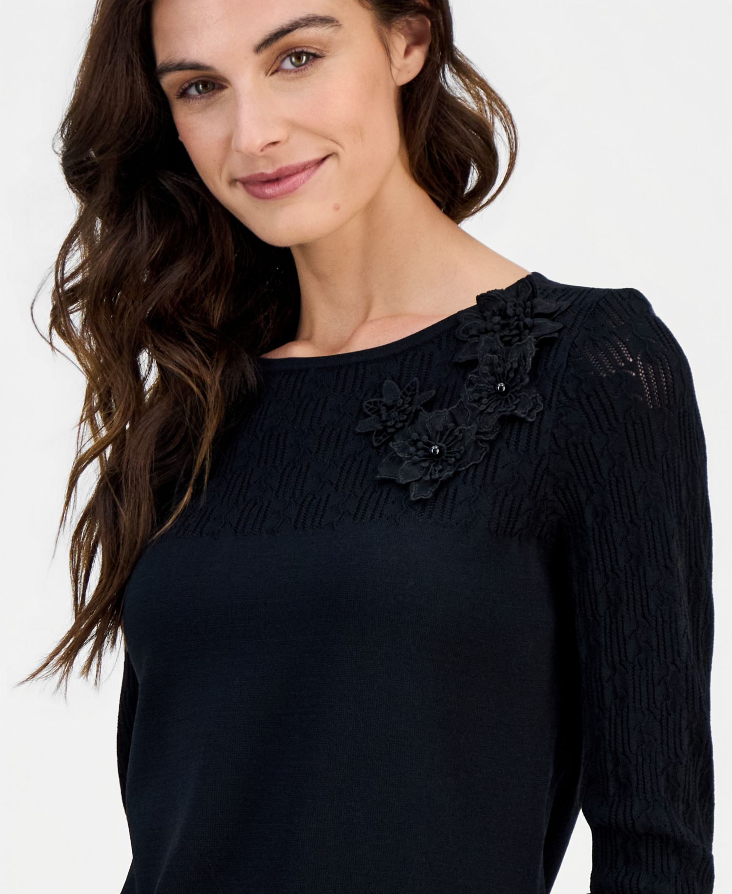 Women's Boat-Neck Floral-Applique Sweater