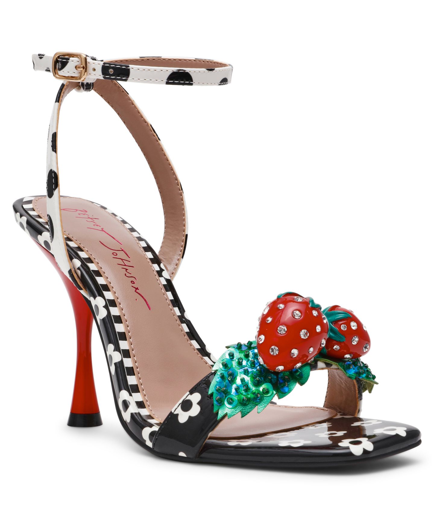 Женские сандалии Betsey Johnson Addison Strawberry Stiletto Dress Sandals, цвет: Чёрный белый разноцветный — фото 1