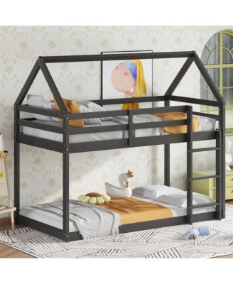 Bunk Bed with Ladder and Guardrails Low-Height Rubber Wood Floor Bunk Bed for Kids