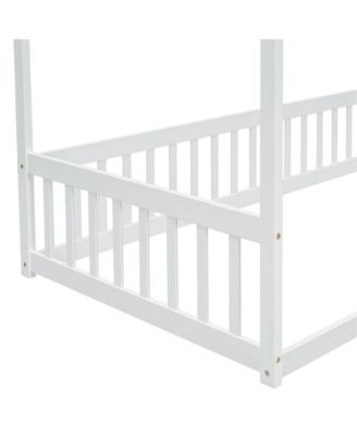 Twin Size Canopy Floor Bed with Safety Fence Wooden Play Bed with Guardrails for Kids Room