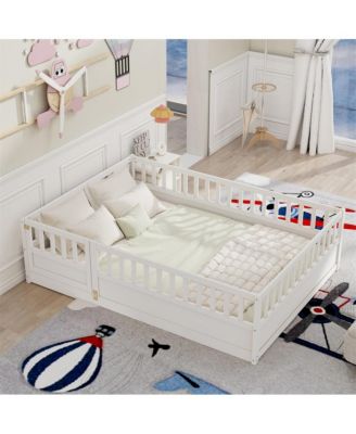 Full Size Wooden Floor Bed Integral Construction with High Security Barrier Door & Support Slats for Kids