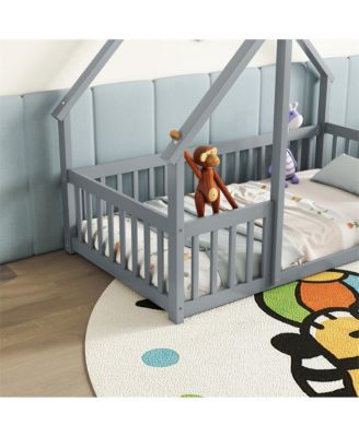 Twin Wood House-Shaped Floor Bed with Safety Fence & Roof Frame Kids Bed for Bedroom Playroom