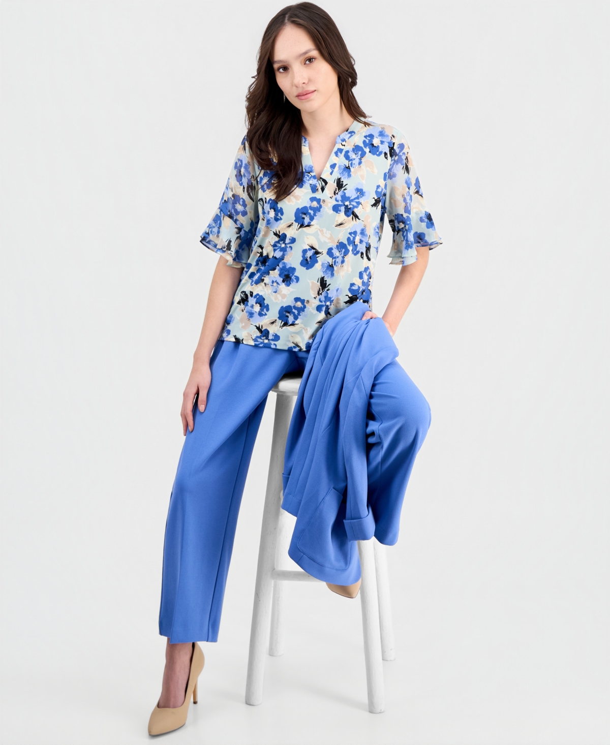 Anne Klein Essentials Petite Ruffle-Cuff Split-Neck Top