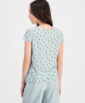 Petite Printed Keyhole Cap-Sleeve Top