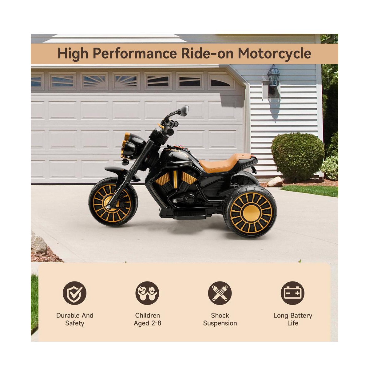 Bruce & Shark Dual Motor Kids Ride-On Motorcycle, 3-Wheel with Led Light Wide Tires