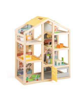 Wooden Dollhouse for Kids Modern Family Pretend Playhouse with Furniture Pieces and Figures