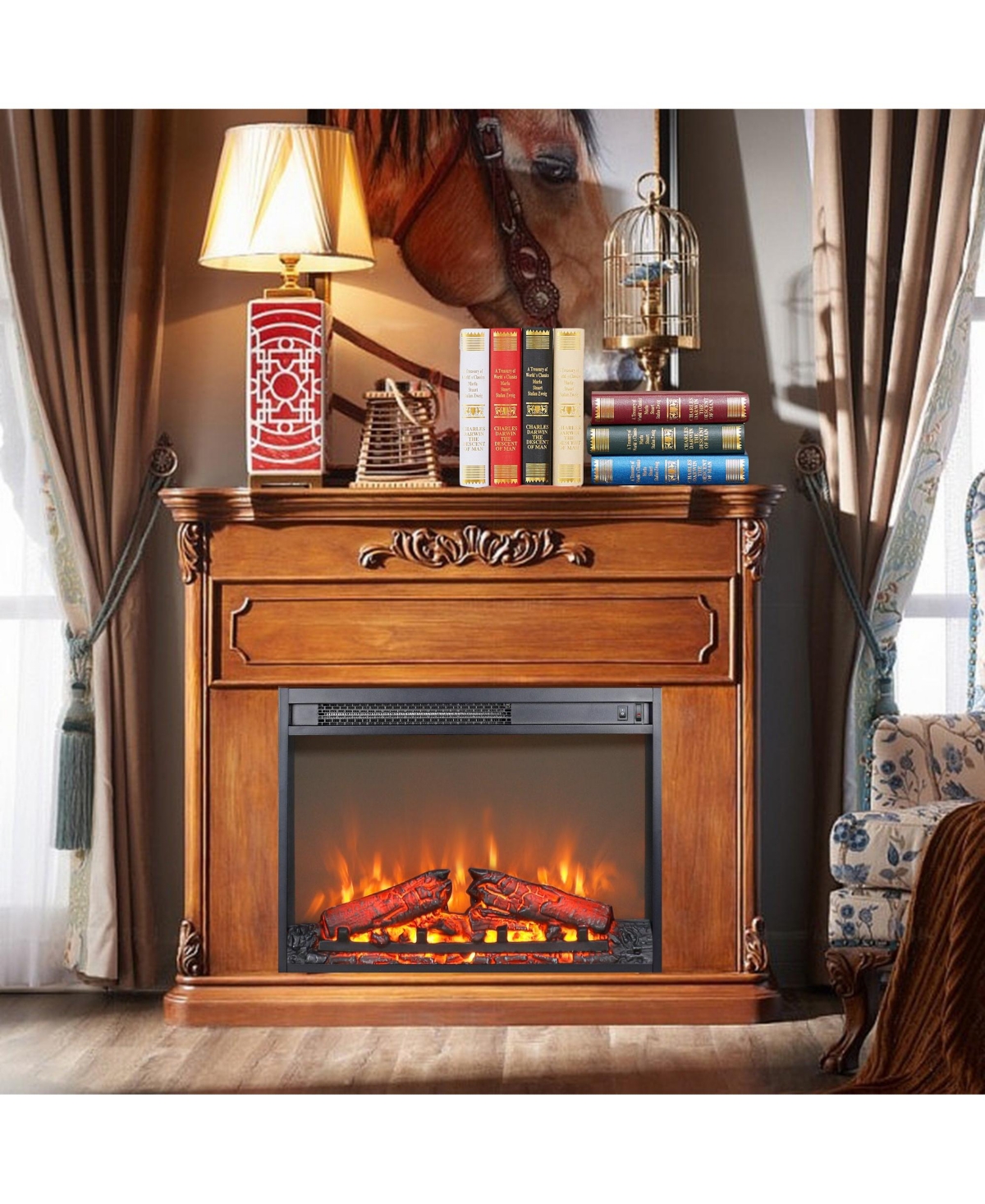Clihome 23 inch Electric Fireplace Insert Heater with Log Set & Realistic Flame, Overheating Protection without Control