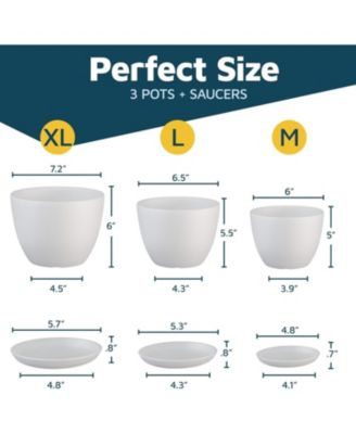 White Plant Pots 3-Pack with Drainage Holes & Saucers, Stackable Indoor & Outdoor Space-Saving Planters for Houseplants & Flowers