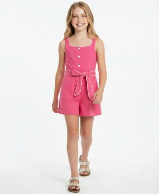 Girls' 7-16 Belted Square Neck Romper